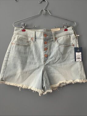 High-Rise Light Wash Denim Shorts with Frayed Hem